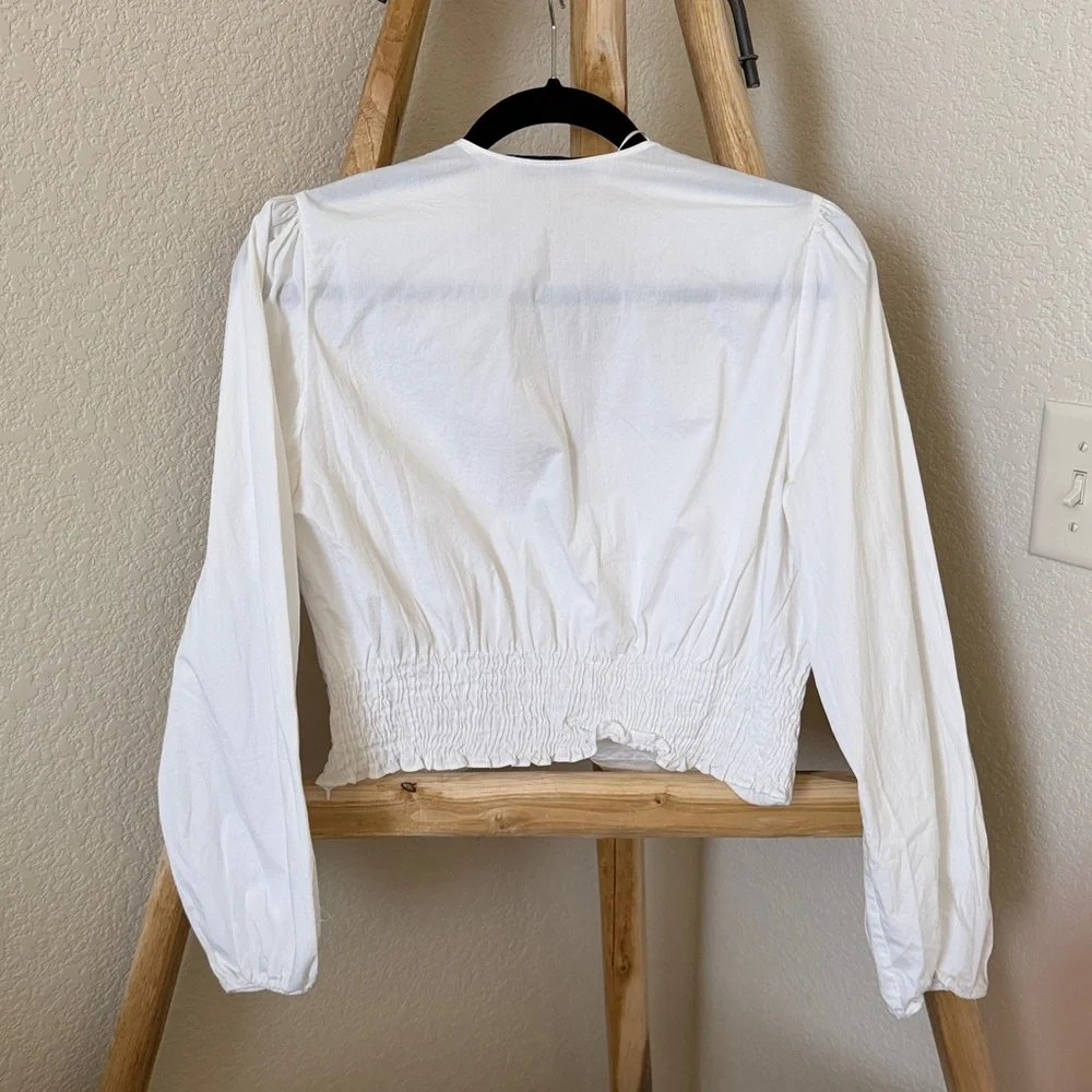 Zara White Button-Front Deep V Blouse